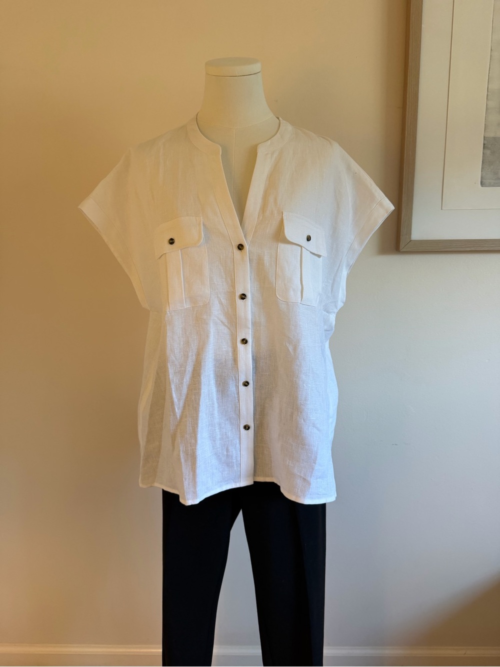 White Short-Sleeve Button-Front Linen Blend Shirt with Patch Pockets